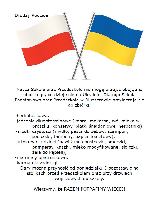 ulotka informacyjna o zbiórce dla potrzebujących z Ukrainy