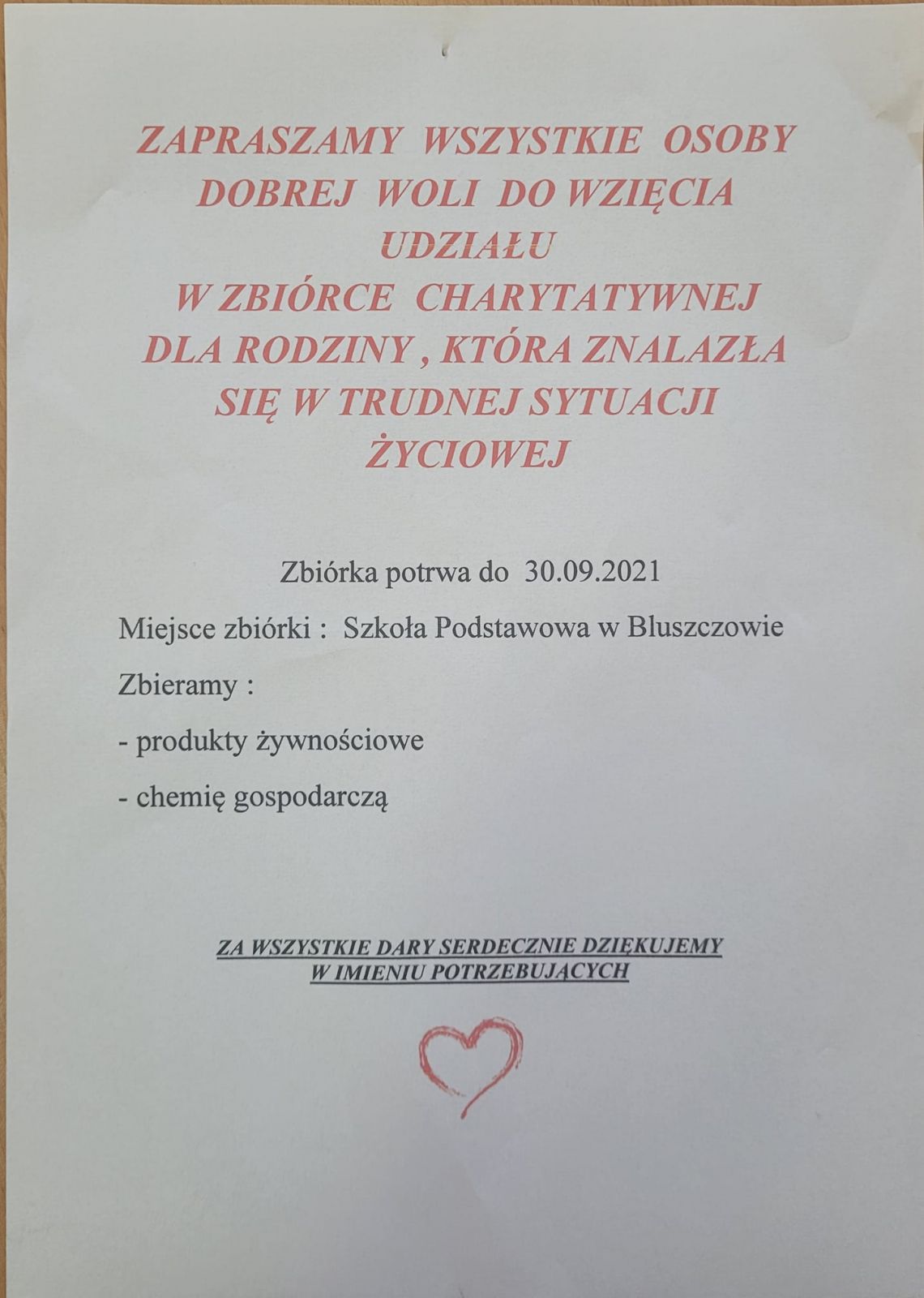 plakat dotyczący zbiórki charytatywnej