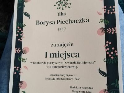 Dyplom za zajęcie I miejsca dla ucznia naszej szkoły